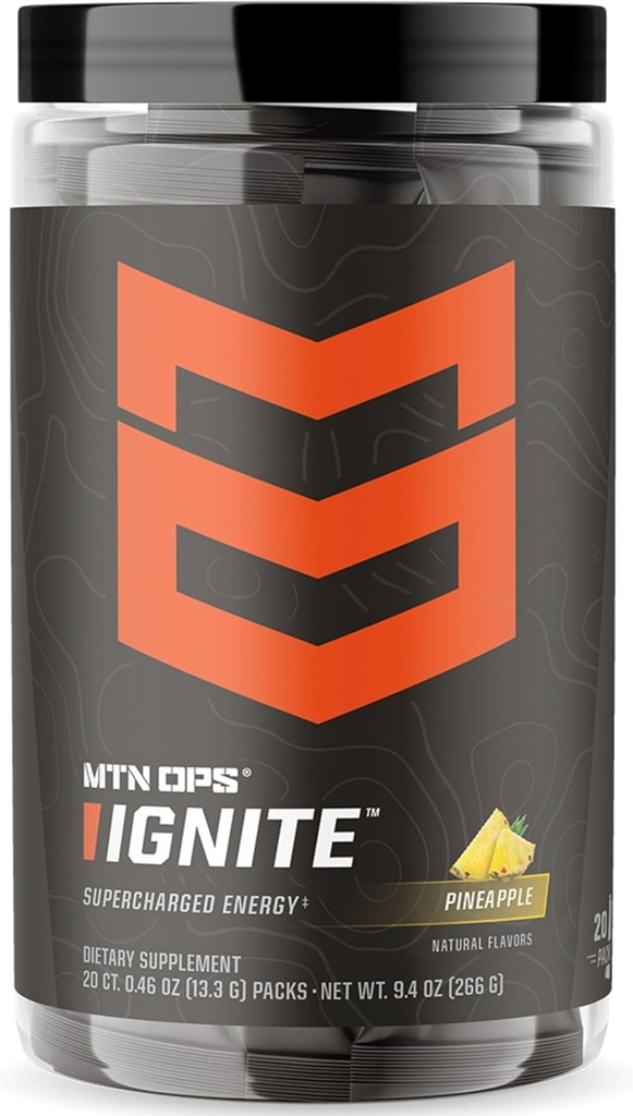 ΜΤΝ OPS Ignite Trail Packs Energy Drink Powder, Gluten Free Nootropic Supplement Drink Mix, L Arginine, L Citrulline, Caffeine & Nootropic Sugar Free Drink Mix, 20 Servings, Pineapple Crush