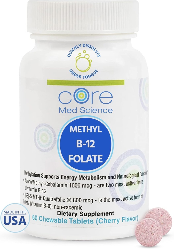 Core Med Science Methyl B12 Folate Supplement for Women & Men - 5-MTHF Χάπια Υποστήριξη Mood, Γνωστική, & Καρδιά Υγεία - Μεθυλοφολικό Βιταμίνη B9 για τα επίπεδα Homocysteine & μεθυλίωση Κύκλος (60 Count)