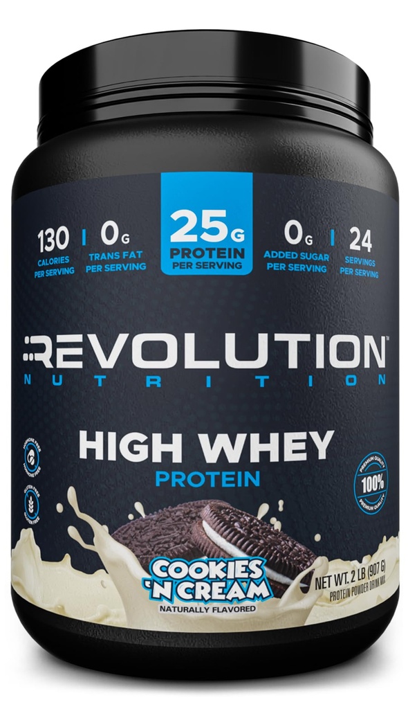 Revolution Nutrition, High Whey, Protein Powder 2LB, Whey Isolate, Gluten Free, Lean μυϊκή μάζα για τους άνδρες και τις γυναίκες, 25g πρωτεΐνης ανά Scoop, 908 g, 24 σέρβις (Cookies & Cream, 2 Λίρες)