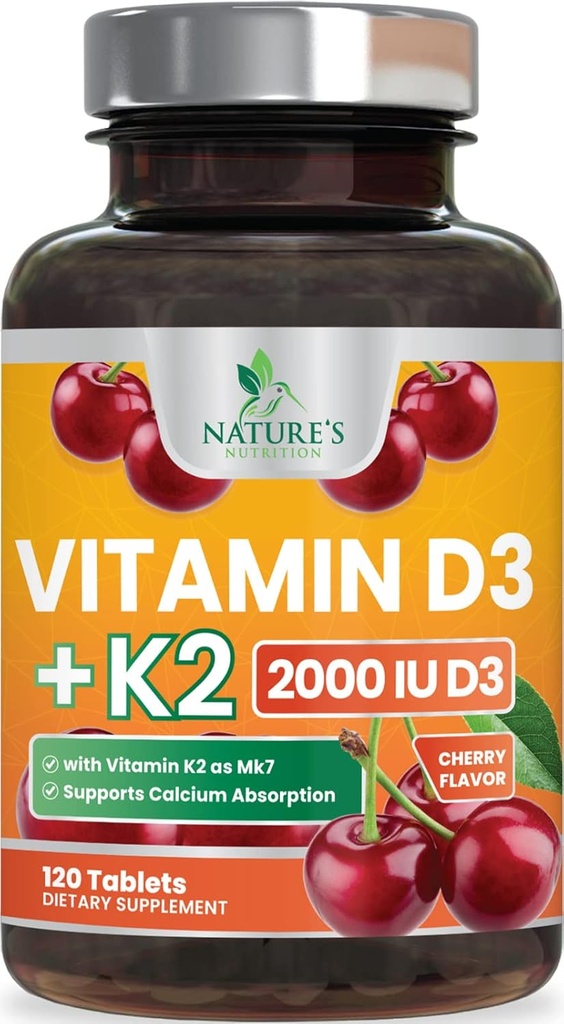 Βιταμίνη D3 K2 2000 IU Plus με K2 (MK-7) 75 mcg - Βιταμίνες D & K Complex Supplement για Οστά, Δόντια, Μυς, Ασβέστιο Απορρόφηση, Υποστηρίζει Ανοσοποιητική & Καρδιακή Υγεία, Μη ΓΤΟ Μασώμενη Φόρμουλα - 120 δισκία