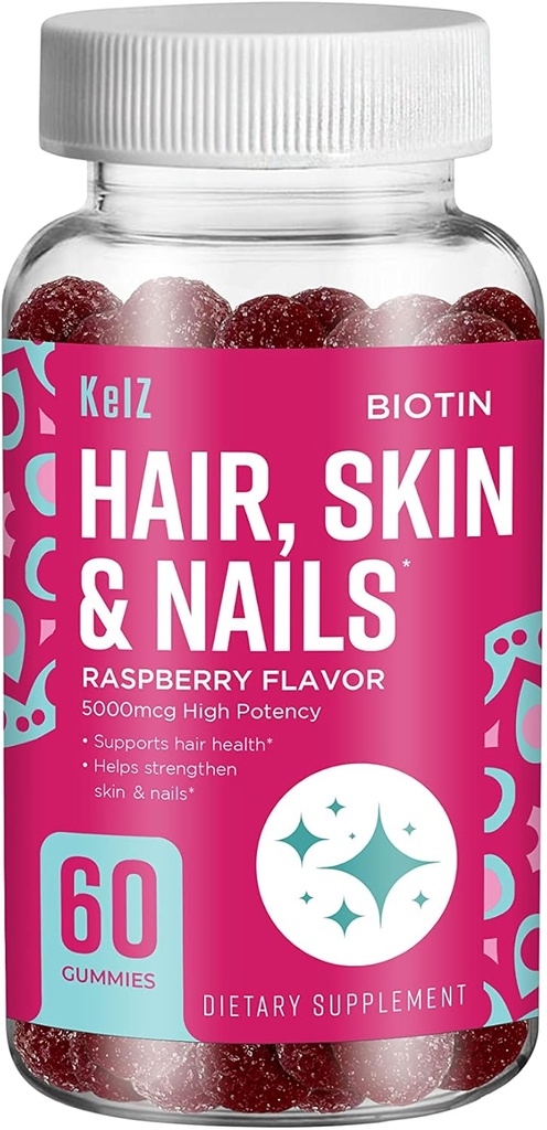 KelZ Biotin Μαλλιά, δέρμα & νύχια συμπλήρωμα Gummies, Βατόμουρο Γεύση, 60 κόμης (πακέτο του 1)