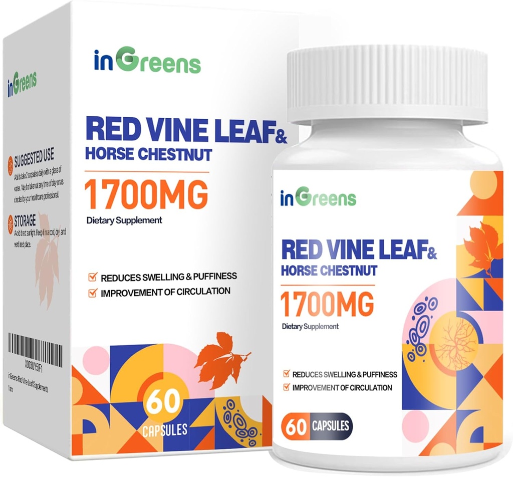 Red Vine Leaf Extract 1700mg & Horse Chestnut Extract Συμπληρώματα, Υποστηρίζει Vein, Skin Health, Κυκλοφορία για τα πόδια(1Pack)