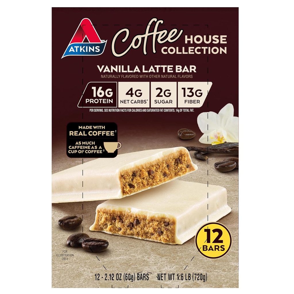Atkins Coffee House Collection Vanilla Latte Bar, 16g πρωτεΐνη, 2g ζάχαρη, 4g καθαρό υδατάνθρακες, 13g Fiber, 12 κόμης