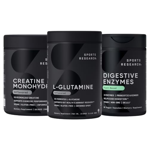 Sports Research L-Glutamine (100 μερίδες), Creatine Monohydrate (60 μερίδες) και Digestive Ένζυμα με προβιοτικά & Ginger (90 μερίδες) - Όλα μη ΓΤΟ Επαληθευμένο, Vegan & Gluten Free