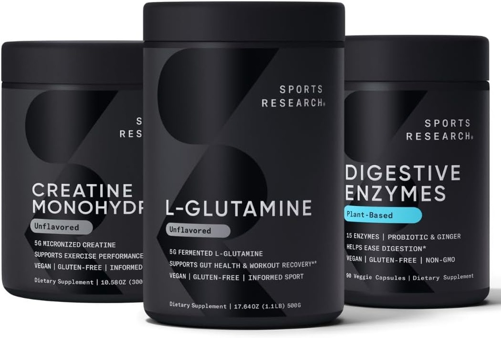 Sports Research L-Glutamine (100 μερίδες), Creatine Monohydrate (60 μερίδες) και Digestive Ένζυμα με προβιοτικά & Ginger (90 μερίδες) - Όλα μη ΓΤΟ Επαληθευμένο, Vegan & Gluten Free