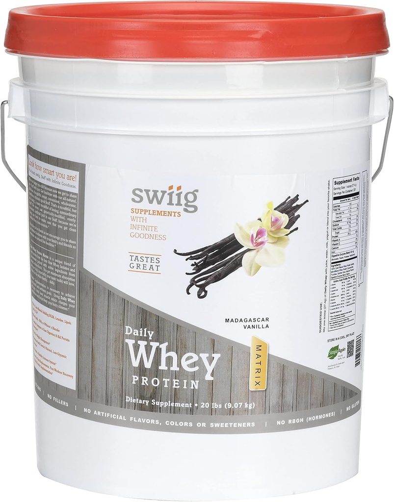 Swiig Premium Daily Whey Matrix, Βανίλια 20lb – 20g πρωτεΐνη ανά υπηρεσία με Αμινοξέα για την αποκατάσταση των μυών – Χωρίς γλουτένη, χωρίς γλουτένη, χωρίς πληρωτικά, χωρίς τεχνητές γεύσεις