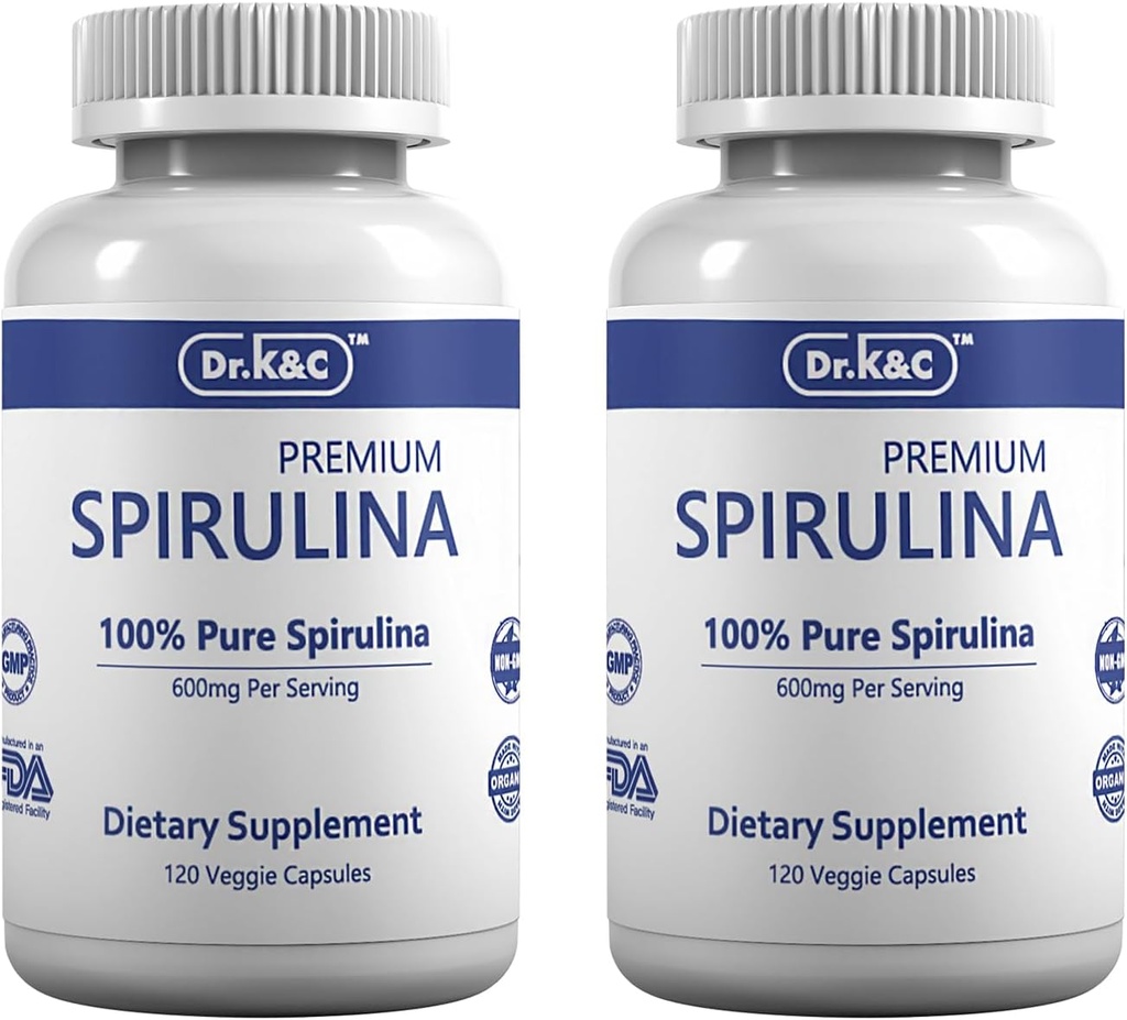 Dr.K&C Organic Spirulina Superfood Supplement – Pure Natural Blue Green Microalgae 600 mg 240 Κάψουλες Veggie Υγεία Ανοσοποιητικό Σύστημα Αντιοξειδωτικά Πρωτεΐνη Ίνες Όχι Filler Non GMO Vegan 2pk