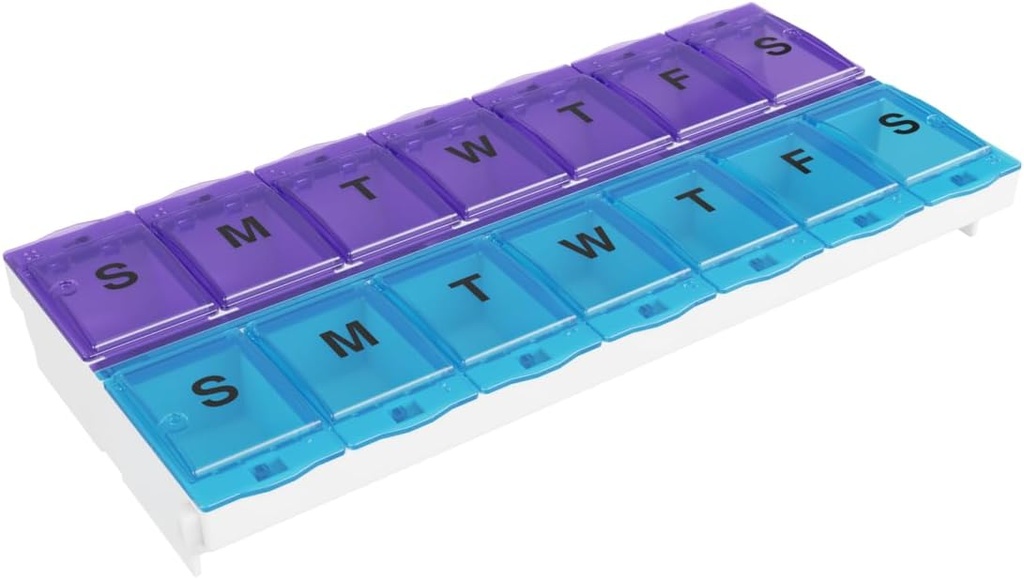 EZY DOSE Pill Organizer Weekly AM/PM (7-Ημέρα), Medicine Planner, περίπτωση βιταμίνης / Κουτί, 2X-Large κλειδώνοντας διαμερίσματα για την ασφαλή συνταγή και την πρόληψη τυχαίας χύτευσης, μπλε και μοβ, BPA δωρεάν