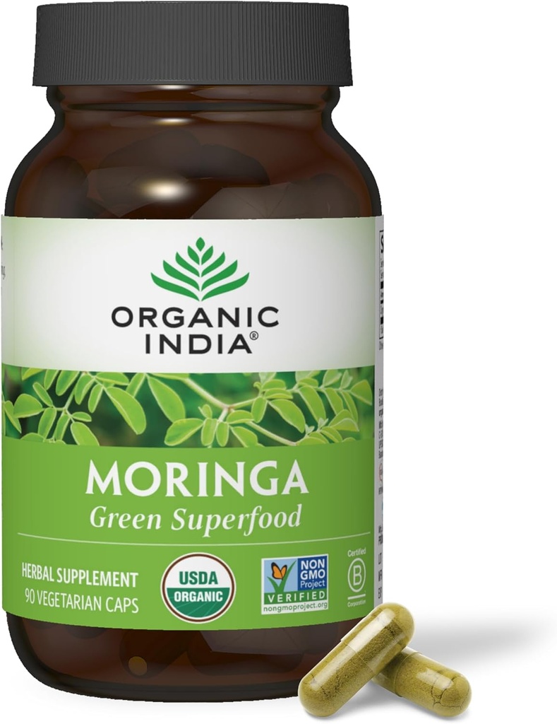Organic india Moringa Κάψουλες Βιολογικές - συμπλήρωμα Moringa - Πράσινο Superfood, Moringa Leaf Κάψουλες, Καθαρό Supergreen, Vegan Greens, Πολυβιταμίνη της φύσης, Vegan, Χωρίς Γλουτένη - 90 Κάψουλες