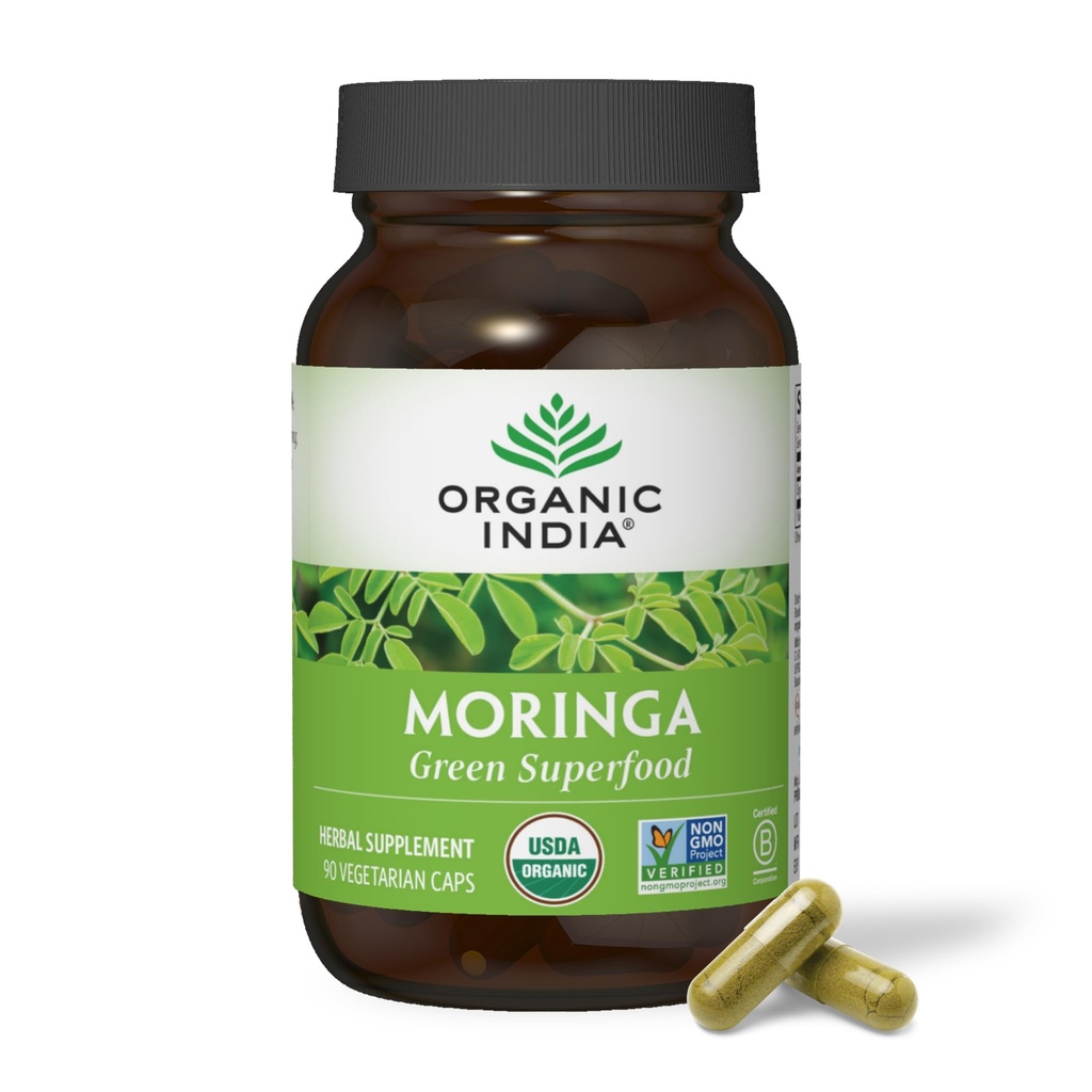 Organic india Moringa Κάψουλες Βιολογικές - συμπλήρωμα Moringa - Πράσινο Superfood, Moringa Leaf Κάψουλες, Καθαρό Supergreen, Vegan Greens, Πολυβιταμίνη της φύσης, Vegan, Χωρίς Γλουτένη - 90 Κάψουλες