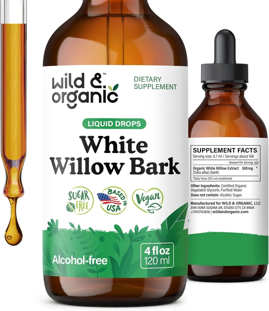 Wild & Organic White Willow Bark Βάμμα - Υγρό συμπλήρωμα για τη συνολική υποστήριξη - Αλκοόλ & Ζάχαρη-δωρεάν σταγόνες εκχύλισμα λευκής Willow - Salix Alba Bark - Vegan, Δεν Πρόσθετα - 4 fl oz