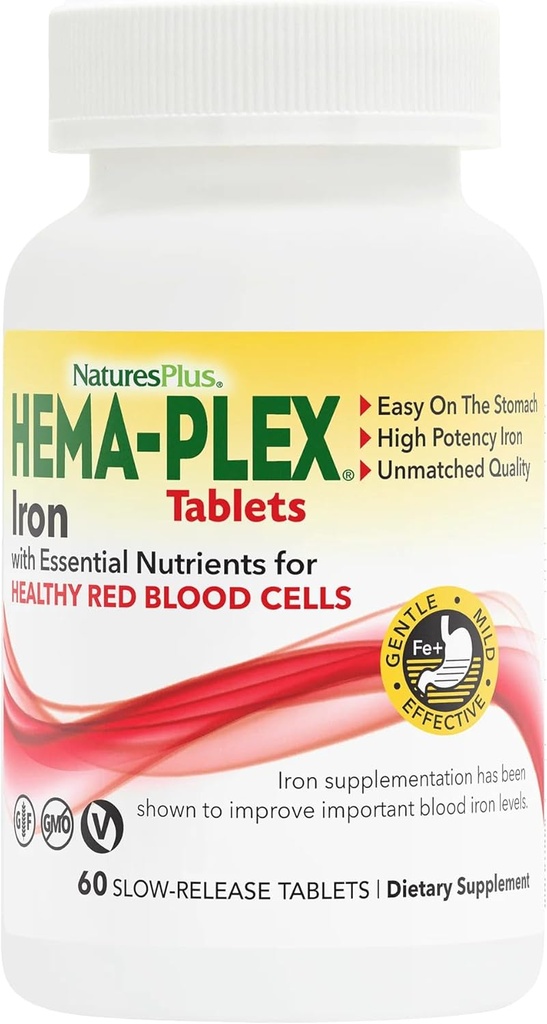 NaturesPlus Hema-Plex Iron - 60 Tablets - 85 mg Elemental Iron + Vitamin C & Bioflavonoids for Healthy Red Blood Cells - Vegan, Gluten Free - 30 Servings
