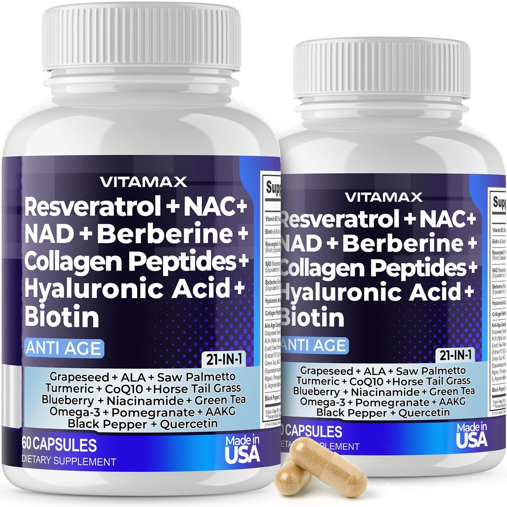 Vitamax Resveratrol NAD+ Βερβερίνη Υαλουρονικό Οξύ - Biotin Grape & Blueberry + NAC - Κολλαγόνο Πεπτίδια - Μαλλιά, νύχια, δέρμα & συμπληρώματα κοινής - 21-σε-1 Γυναίκες και άνδρες - Made in USA - 120 Count