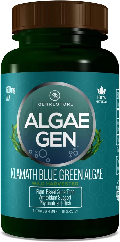 Gen Restore Natural AFA Stem Cell Celulas Madres Klamath Blue - Green Algae More Effective Than Spirulina or Chrlorella Phytonutrient- Rich, SuperFood 600mg Aphanizomenon Flos-Aquae