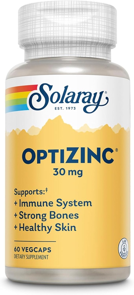 SOLARAY OptiZinc 30mg συμπλήρωμα υποστήριξης του ανοσοποιητικού - Συμπληρώματα ψευδαργύρου για άνδρες και γυναίκες w/Vitamin B6 - Ισχυρά οστά και την υγεία του δέρματος - Υψηλή απορρόφηση - 60 ημερών εγγύηση, 60 υπηρεσίες, 60 VegCaps