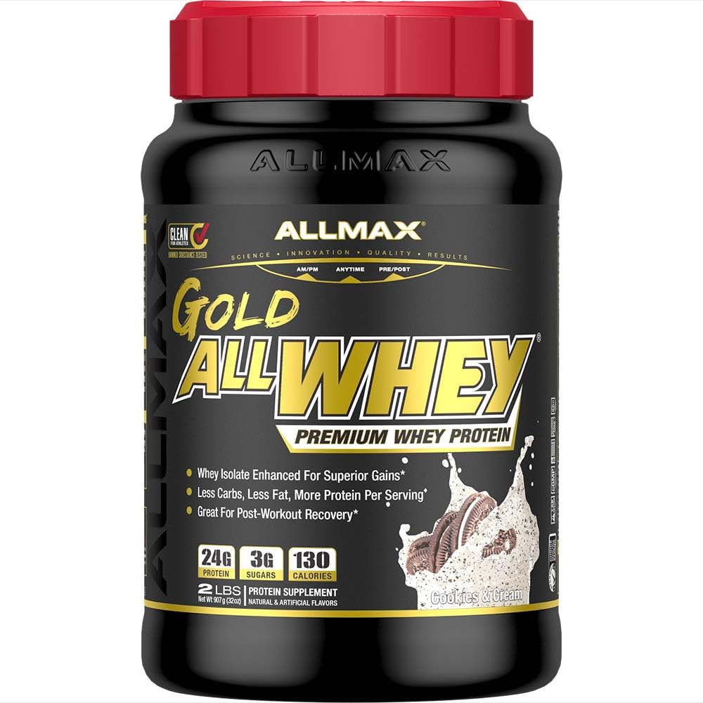ALLMAX Gold ALLWHEY Whey Protein Powder, Cookies & Cream, 2 lb, 24g Protein Per Scoop, High Protein for Muscle Recovery, Lean Muscle Growth & Post Workout Nutrition, Gluten Free, 30 Servings