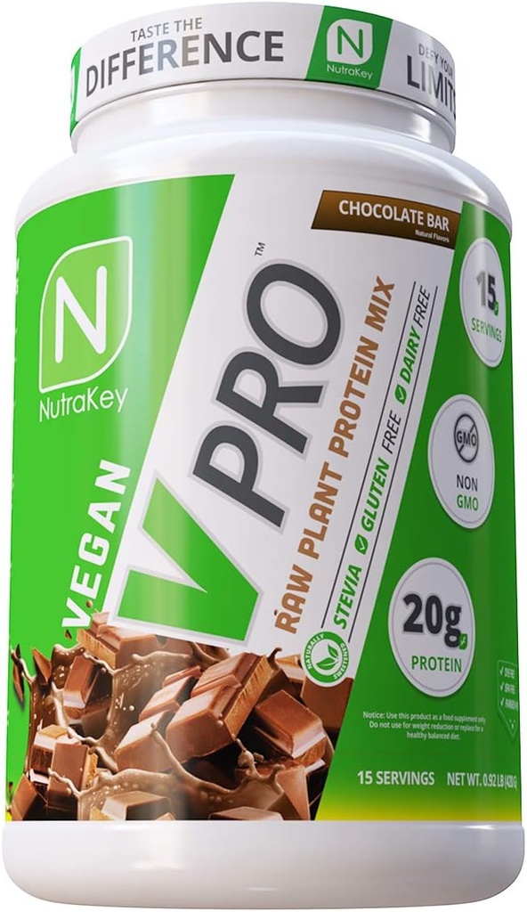 NutraKey V-Pro, Σκόνη Πρωτεΐνης Ακατέργαστων Φυτών, Οργανική, Vegan, Χαμηλός Καρβίνος, Χωρίς Γλουτένη με 20g Πρωτεΐνης (Chocolate) 2-Pound