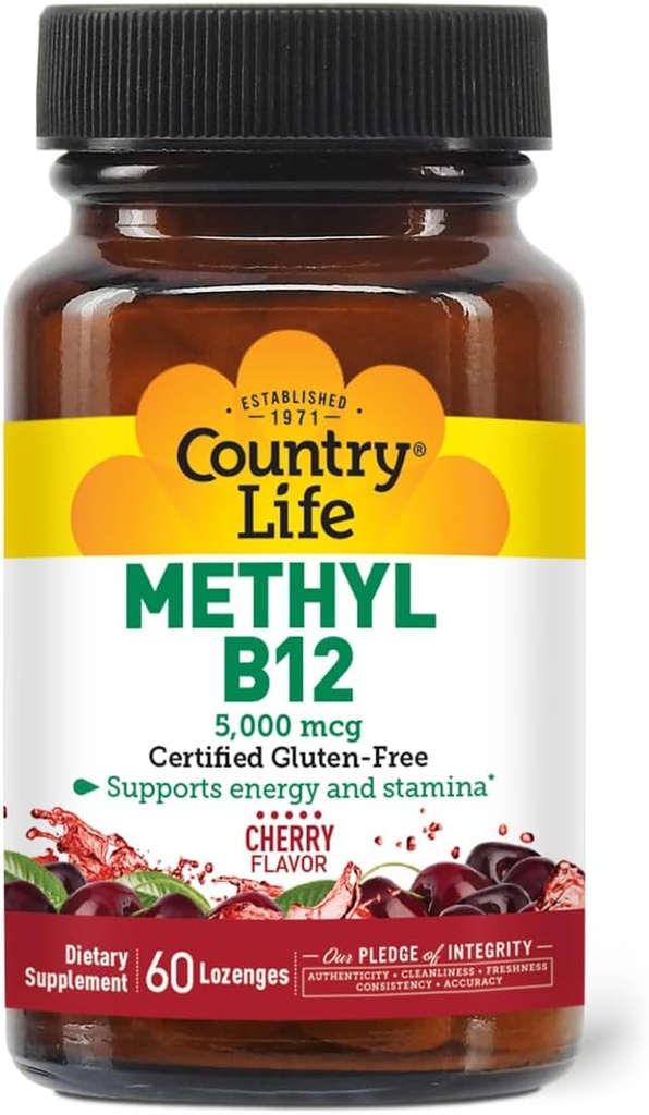 Country Life Methyl B12, υποστηρίζει ενέργεια & Stamina, 5.000mcg, 60 Lozenges, Certified Gluten Free, Certified Vegan, Certified Non-GMO Επαληθευμένο