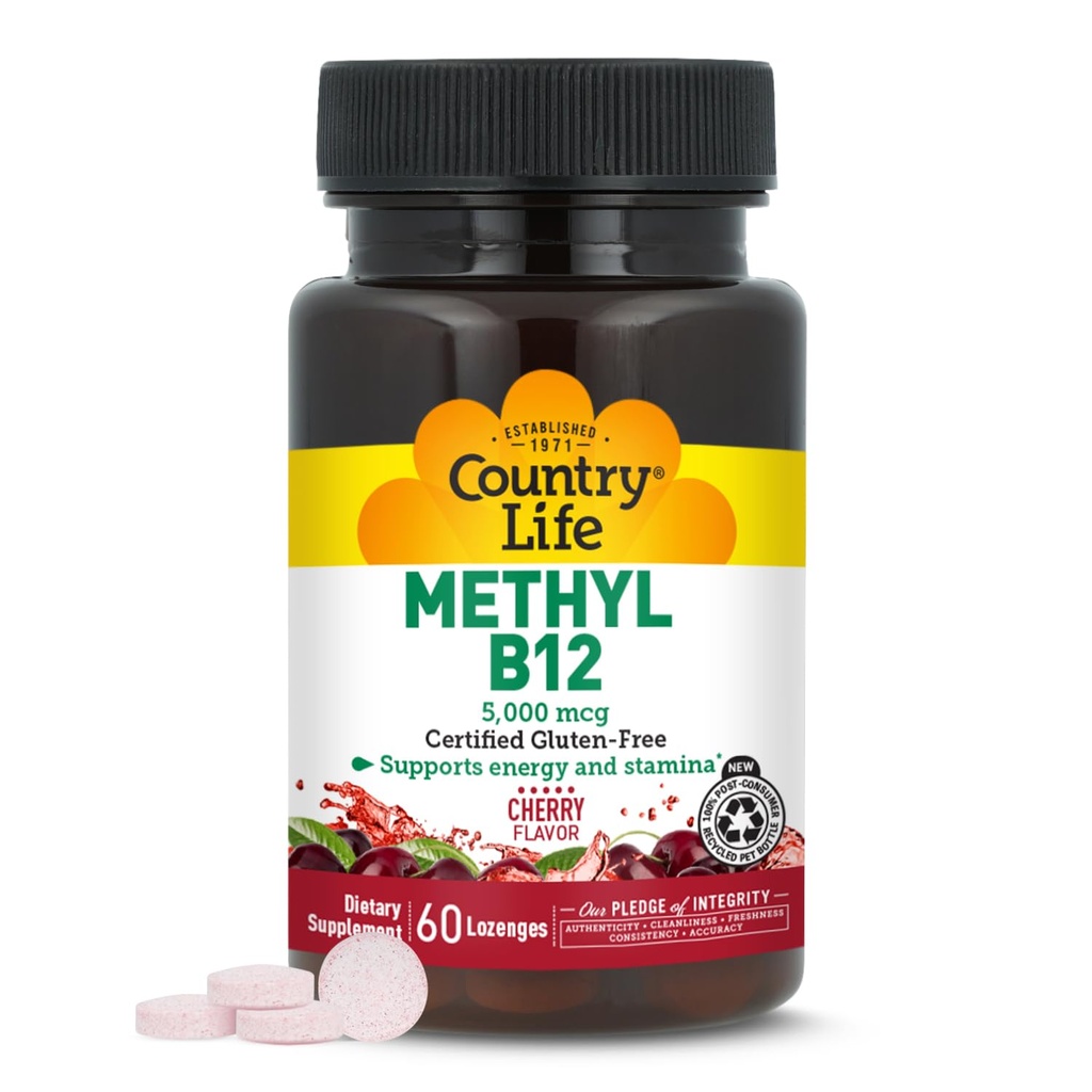Country Life Methyl B12, Supports Energy & Stamina, 5,000mcg, 60 Lozenges, Certified Gluten Free, Certified Vegan, Certified Non-GMO Verified