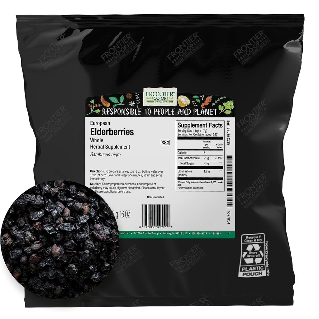 Frontier Co-op Dried Elderberries, 2lb Bulk Bag, Whole Berries - Kosher and Non-GMO Dried Fruit for Elderberry Powder, Tea and Syrup