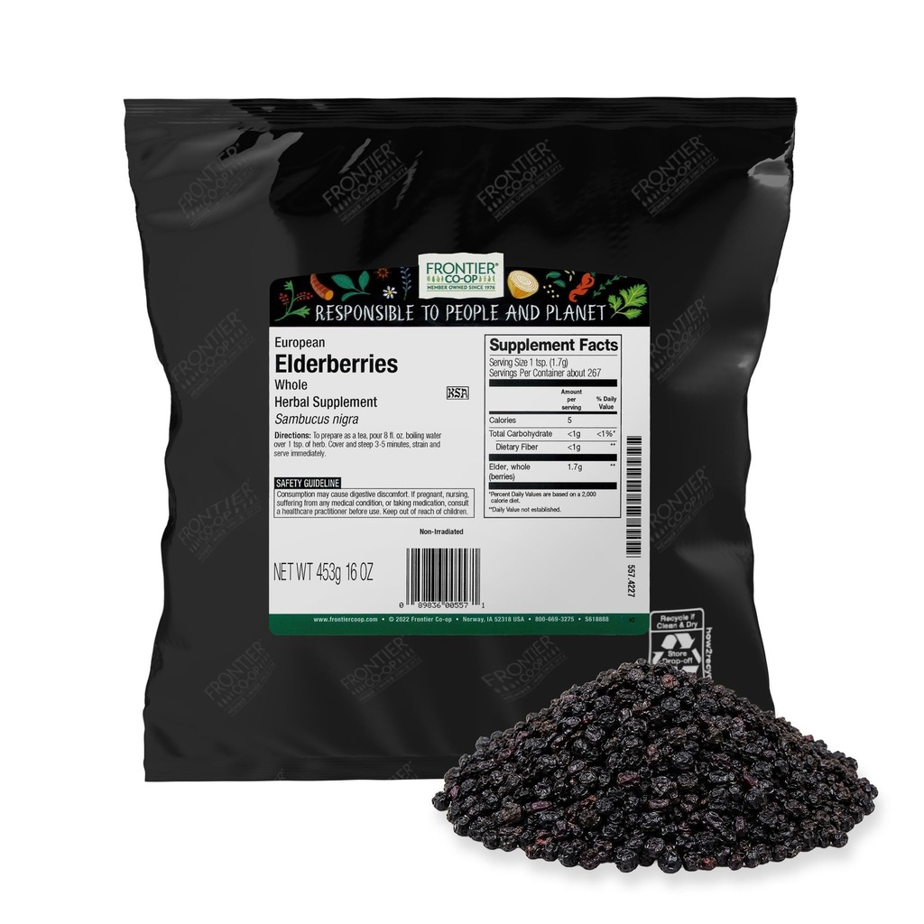 Frontier Co-op Dried Elderberries, European Whole - Non-GMO Elderberry Dried Fruit for Powder, Tea, Immune Support - Kosher | 16 Ounce (Pack of 2)