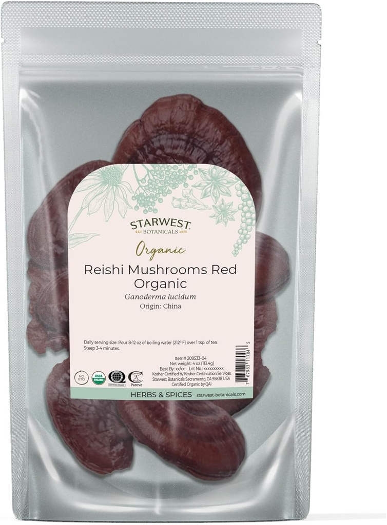 Starwest Βοτανικά Red Reishi Μανιτάρια Ολόκληρα Βιολογικά - Αποξηραμένα Μανιτάρια Reishi για Λαχανικά Τσάι & Μαγειρική, Ganoderma Lucidum, Certified Kosher, Non-GMO - 4 oz Pouch