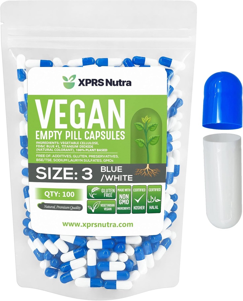 XPRS Nutra μέγεθος 3 άδειες κάψουλες - 100 κόμης Vegan - χορτοφάγοι άδειο κάψουλες χάπια - DIY κάψουλες λαχανικών γεμίζοντας - Veggie χάπια άδεια καπάκια (μπλε / λευκό)
