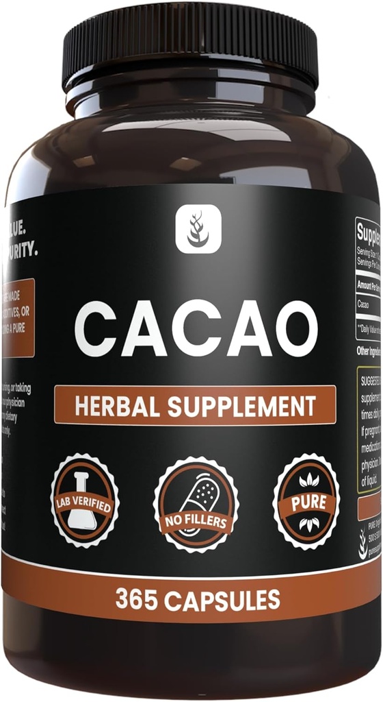 Αμιγώς πρωτότυπα συστατικά Cacao (365 κάψουλες) Δεν Μαγνήσιο ή Ρύζι Fillers, πάντα καθαρό, Εργαστήριο Επαληθευμένο