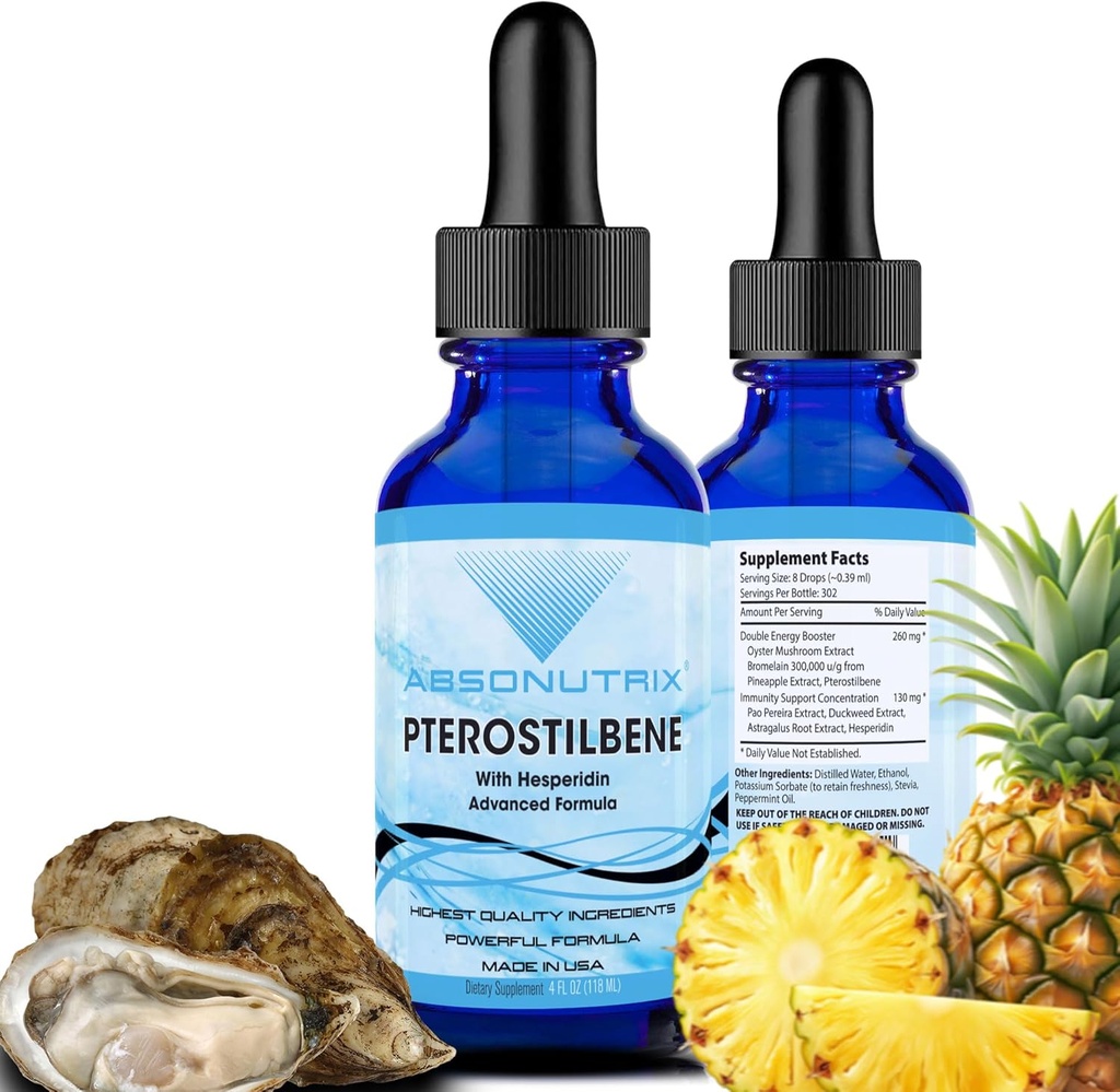 Absonutrix Pterostilbene με Hesperidin 390 mg, 4 Oz Liquid, 300 Servings, Made in USA, Quick Absorvation, Quality Potent Ingredients, Μη GMO, GMP Certified Facility, Cruelty-Free Products