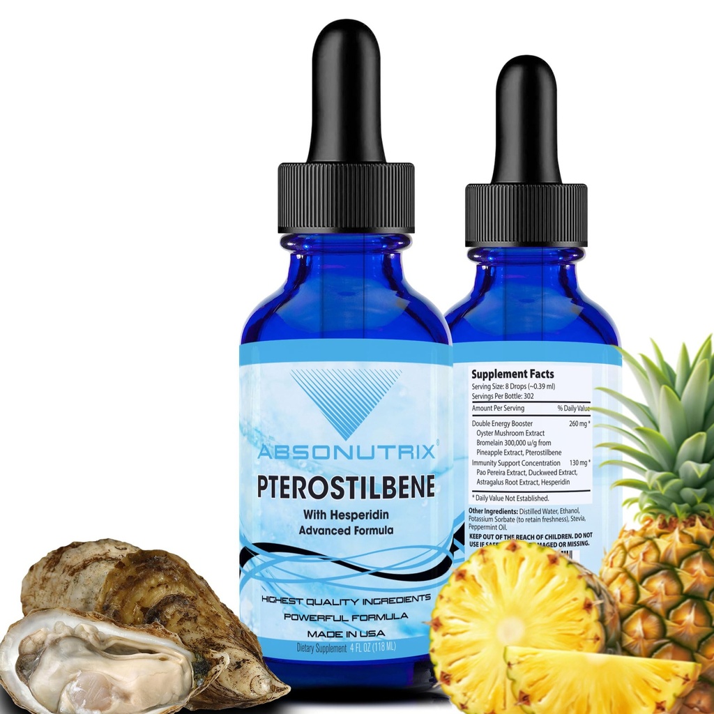 Absonutrix Pterostilbene με Hesperidin 390 mg, 4 Oz Liquid, 300 Servings, Made in USA, Quick Absorvation, Quality Potent Ingredients, Μη GMO, GMP Certified Facility, Cruelty-Free Products