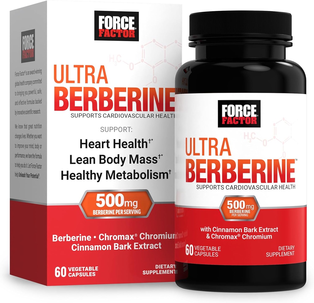 FORCE FACTOR Ultra Berberine, Berberine Supplement with 500mg Berberine HCl Plus Chromium & Cinnamon Bark Extract to Support Μεταβολισμός & Καθημερινή ευεξία, Μη ΓΤΟ, Χωρίς γλουτένη, 60 κάψουλες λαχανικών