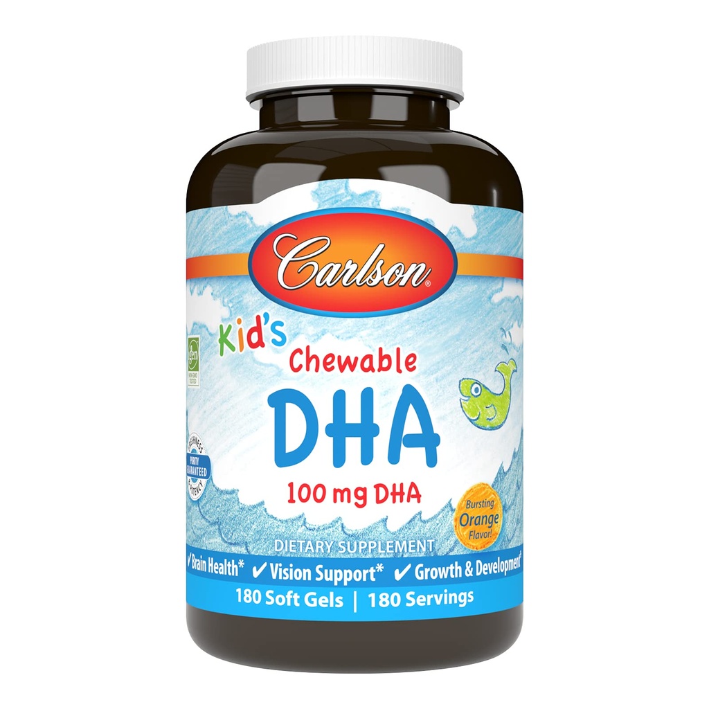 Carlson - Kid's Chewable DHA, 100 mg DHA, Brain Health, Vision Function, Growth & Development, Orange, 180 Chewable Softgels