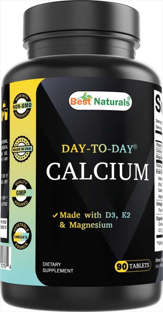 Best Naturals Ασβέστιο με D3 K2 Μαγνήσιο 90 Δισκία - Φτιαγμένα με Digestive Ένζυμο, Προβιοτικά, Ωμέγα Blend