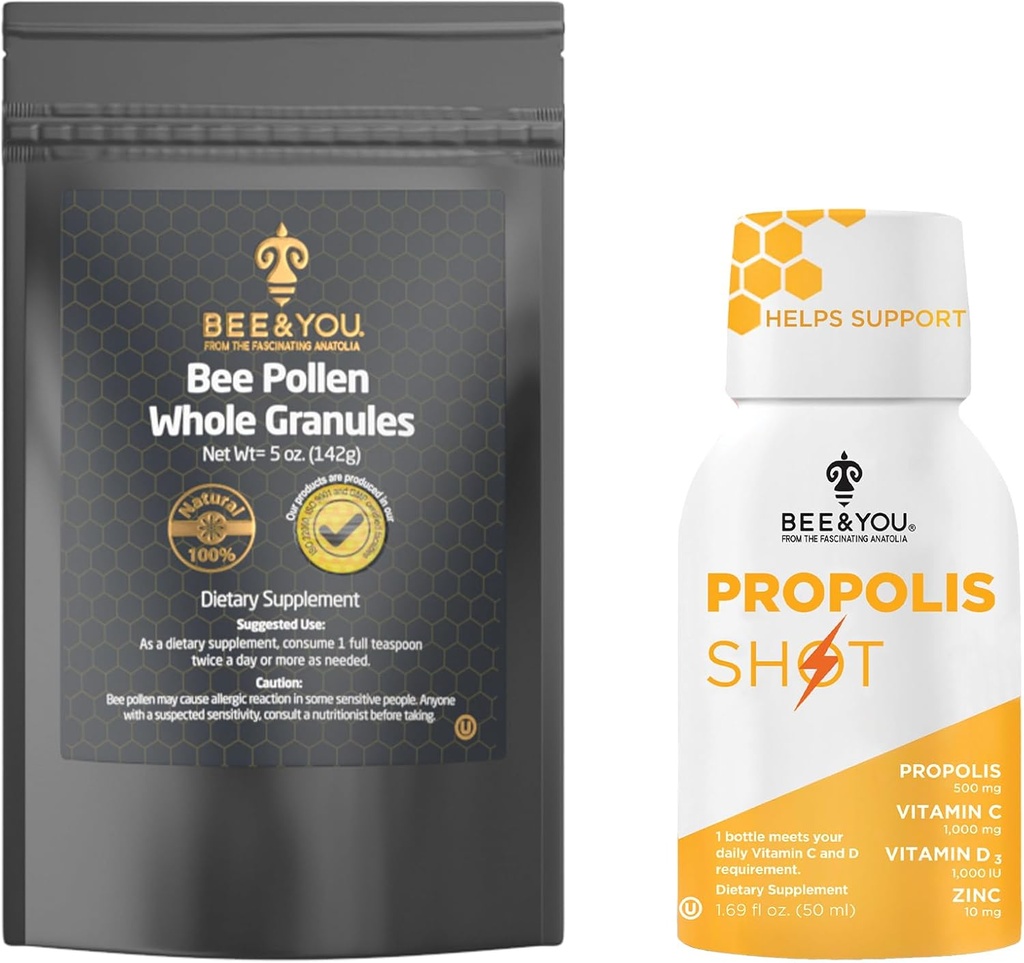 Bee and You Propolis Shot 12 Bottles and Bee Pollen Bundle, Natural Supplement, Bee Propolis, Antioxidants, Proteins, Vitamins, Amino Acids, for Adults, Women, Me