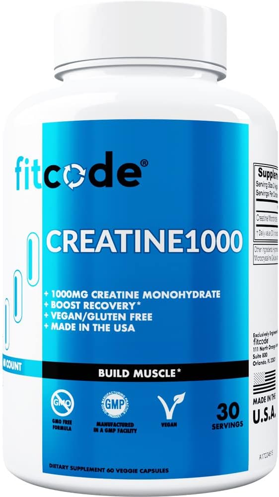 fitcode Creatine1000, 1 γραμμάριο καθαρής κρεατίνης Monohydrate σε κάθε υπηρεσία, κάψουλες λαχανικών (30 σέρβις)
