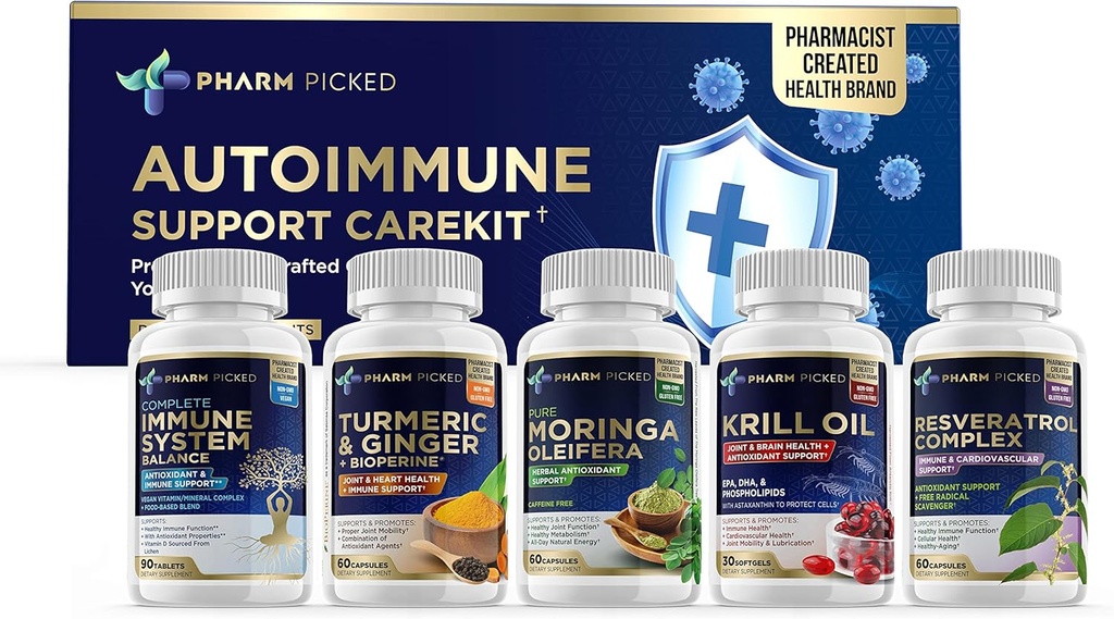 PHARM PICKED Autoimmune Support CareKit – 5 Supplement Bundle + Printed Self-Care Guide – Immune Balance, Resveratrol, Moringa, Krill Oil, Turmeric & Ginger – Non-GMO, Trusted by Pharmacists