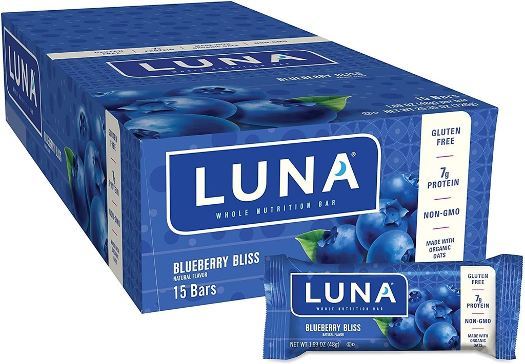 LUNA BAR - Gluten Free Snack Bars - Blueberry Bliss Flavor - 7g of protein - Non-GMO - Plant-Based Wholesome Snacking - On the Go Snacks (1.69 Ounce Snack Bars, 15 Count)