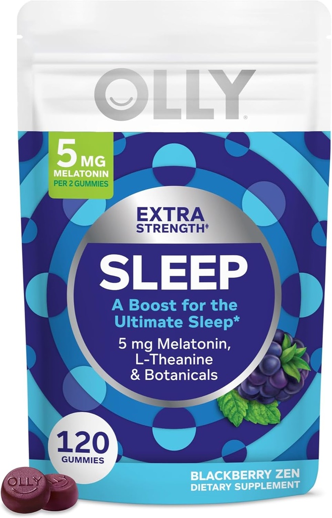 OLLY Extra Strength Sleep Gummy, 5 mg μελατονίνη, L-Θεανίνη, Χαμομήλι, εκχύλισμα λεμονιού, Sleep Aid, BlackBerry Flavor - 120 Count