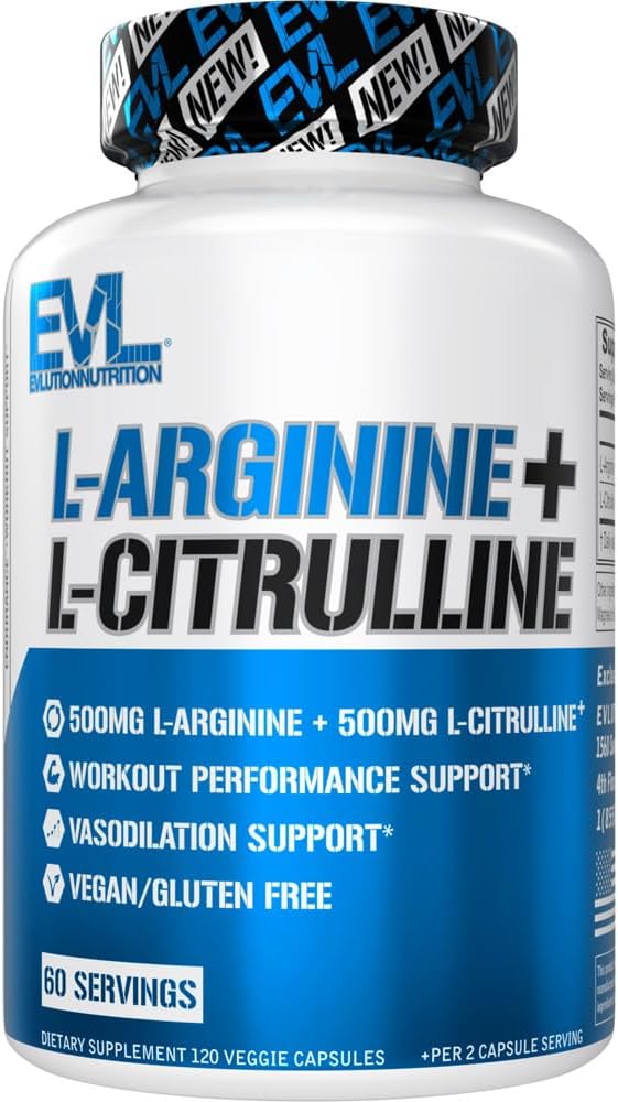 Διατροφή Evlution L-αργινίνη + L-Citrulline - Αντοχή + συμπλήρωμα απόδοσης προπόνησης - 1000mg Complex - Αγγειοδιαστολή + υποστήριξη νιτρικού οξειδίου - Vegan + Χωρίς γλουτένη Κάψουλες - 60 Σερβιέτες