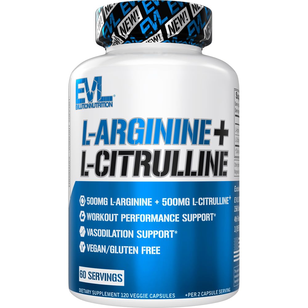 Διατροφή Evlution L-αργινίνη + L-Citrulline - Αντοχή + συμπλήρωμα απόδοσης προπόνησης - 1000mg Complex - Αγγειοδιαστολή + υποστήριξη νιτρικού οξειδίου - Vegan + Χωρίς γλουτένη Κάψουλες - 60 Σερβιέτες