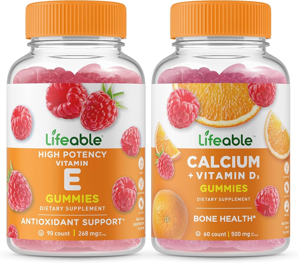 Ζωηρή βιταμίνη Ε + Ασβέστιο με βιταμίνη D, Gummies Bundle - Μεγάλη γεύση, συμπλήρωμα βιταμίνης, Χωρίς γλουτένη, χωρίς ΓΤΟ, Μασώμενα Gummy