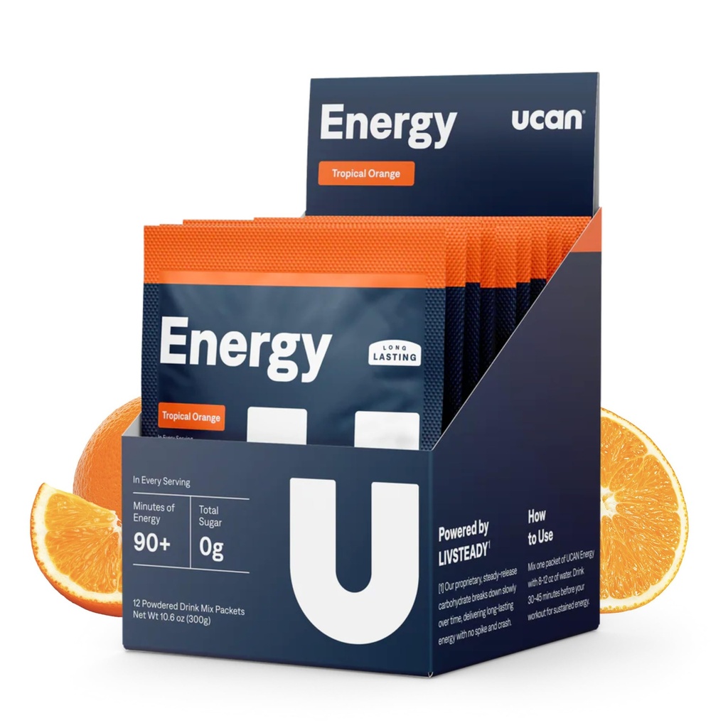 UCAN Energy Drink Mix | Tropical Orange | Pre Mid Workout | 12 Packets | Long Lasting Clean Energy | Ideal for Pre-Workout, Running, Cycling and Endurance Training | Mixes Easily | Vegan Non-GMO