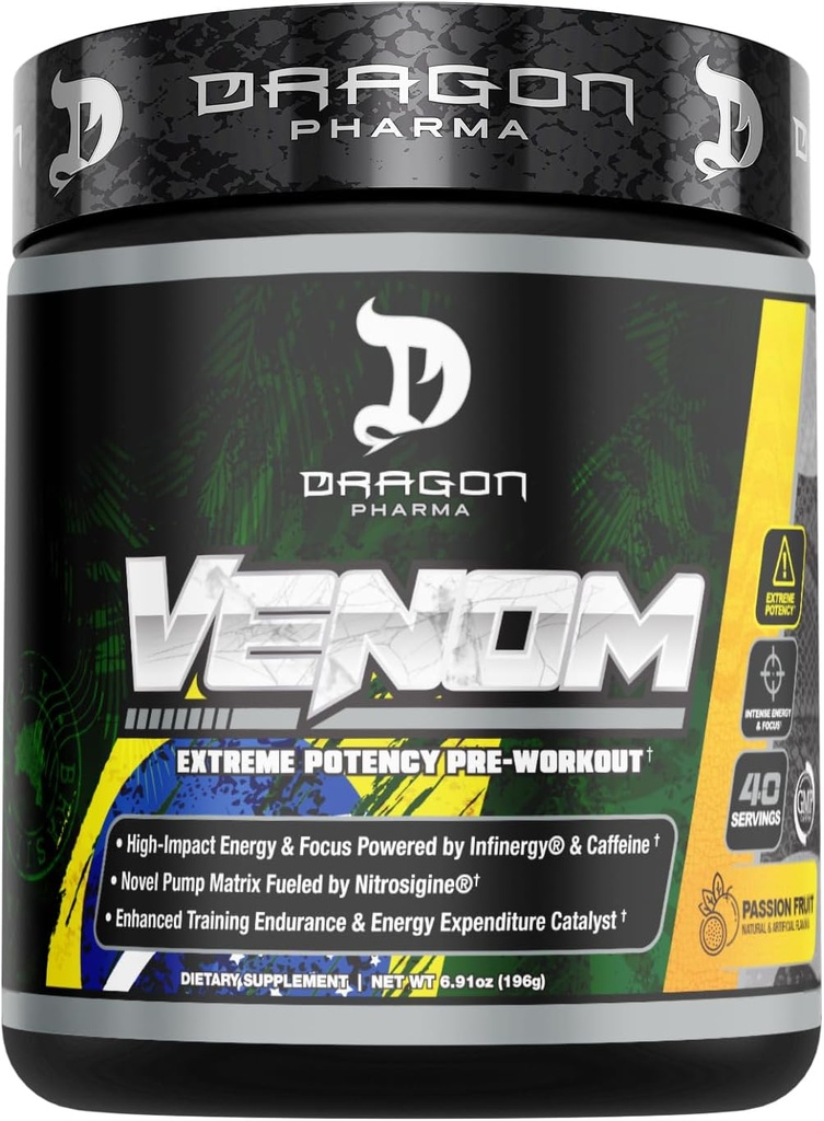 DRAGON PHARMA Venom Extreme Potency Pre-Workout, Laser Sharp Focus + Ενέργεια, Έντονη απόδοση, Αποδεδειγμένα συστατικά για την ενίσχυση της αγγειοδιαστολής & αντοχής (40 μερίδες, φρούτα πάθους)