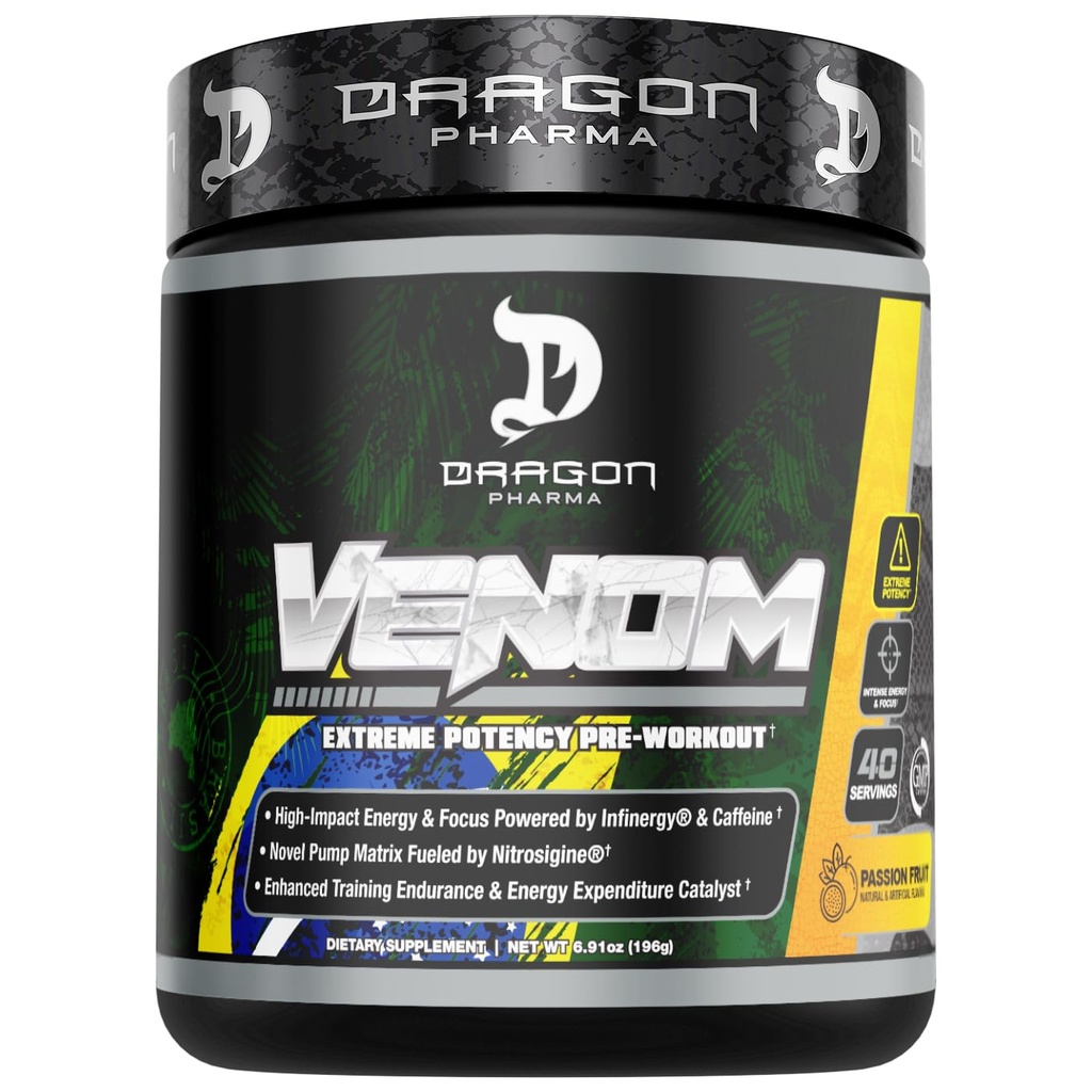 DRAGON PHARMA Venom Extreme Potency Pre-Workout, Laser Sharp Focus + Ενέργεια, Έντονη απόδοση, Αποδεδειγμένα συστατικά για την ενίσχυση της αγγειοδιαστολής & αντοχής (40 μερίδες, φρούτα πάθους)