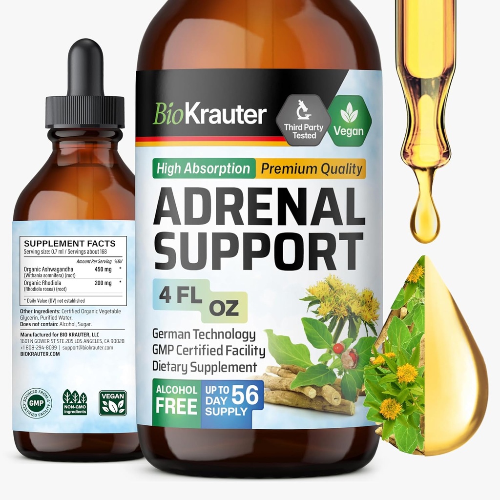 BIO KRAUTER Adrenal Support Tincture - Rhodiola & Ashwagandha Supplements - Vegan Mood Support Drops 4 Fl.Oz.