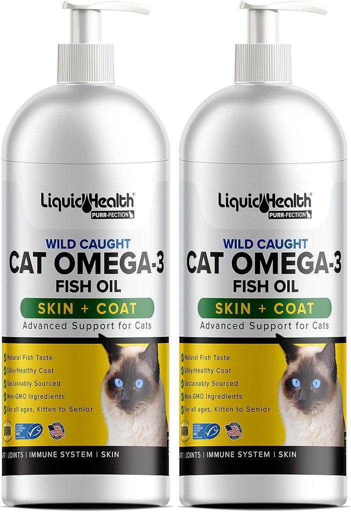 Liquid Health Pets Wild Caught Omega 3 Fish Oil for Cats - Liquid Omega 3 Supplement for Cats with EPA+DPA+DHA - Reduce Itching, Support Joint, Immunity, Brain, Heart Health - Made in the USA (2 Pack)
