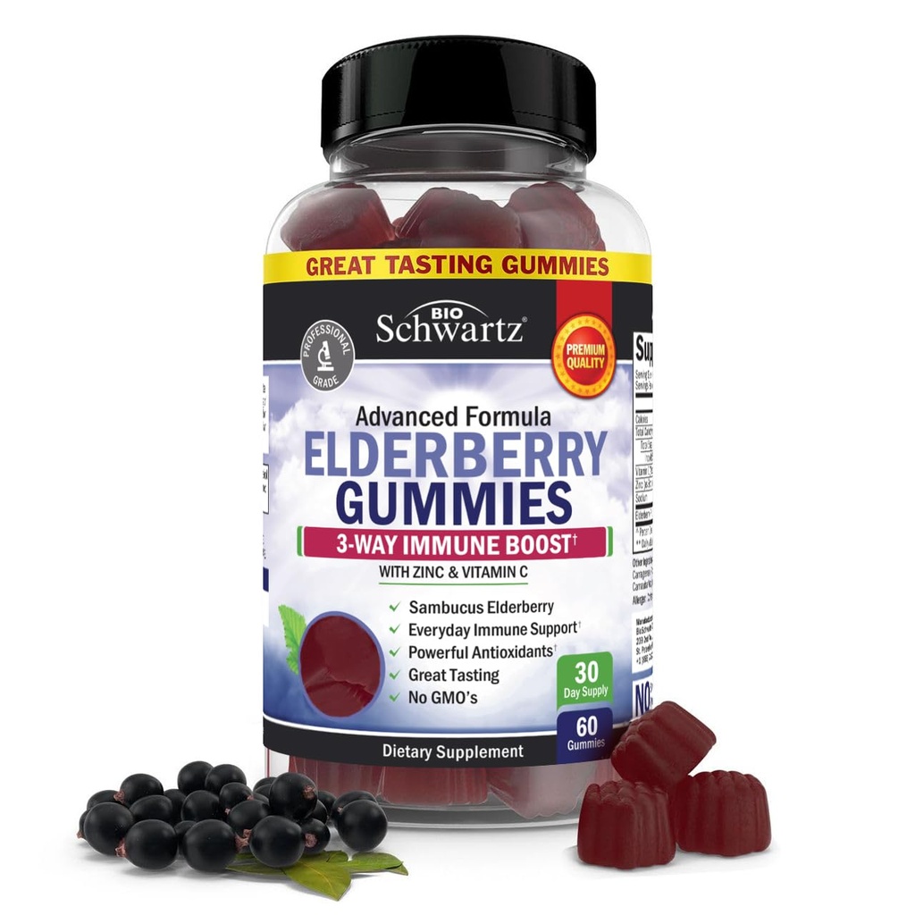 BioSchwartz Gummys Elderberry με ψευδάργυρο και βιταμίνη C - Φυσική ανοσοποιητική υποστήριξη για ενήλικες & παιδιά - Black Sambucus Elderberries - Third-Party Tested, Non-GMO, Vegan Multimineral Supplement, 60 Count