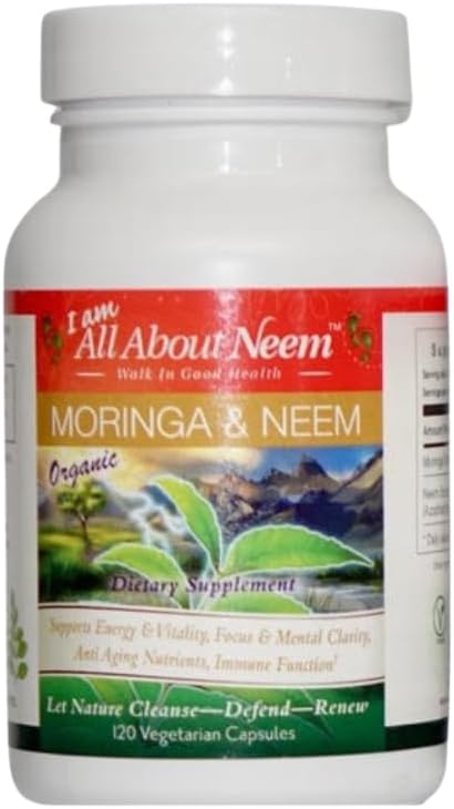 Organic Moringa 400mg & Neem Leaf 500mg Capsules – 120 Count – Detox & Superfood Nutrition – Vegan, Cruelty-Free, Non-GMO – Immune, Skin & Energy Support – Made in USA