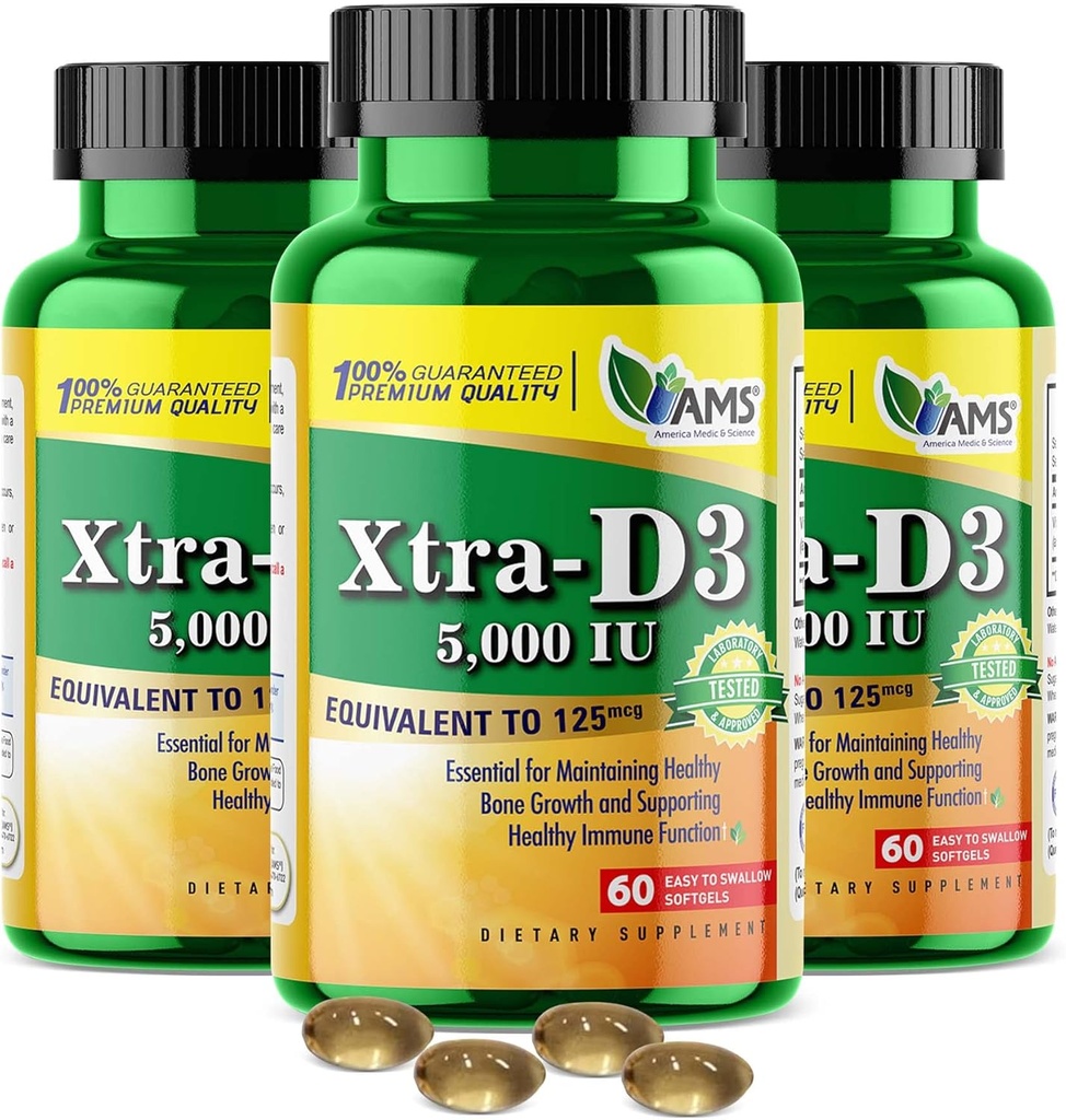 America Medic & Science Xtra D3 Vitamin D 5.000 IU (125 mcg)Cholecalciferol συμπλήρωμα για άνδρες & γυναίκες (180Easy to Swallow Softgels) 3pack
