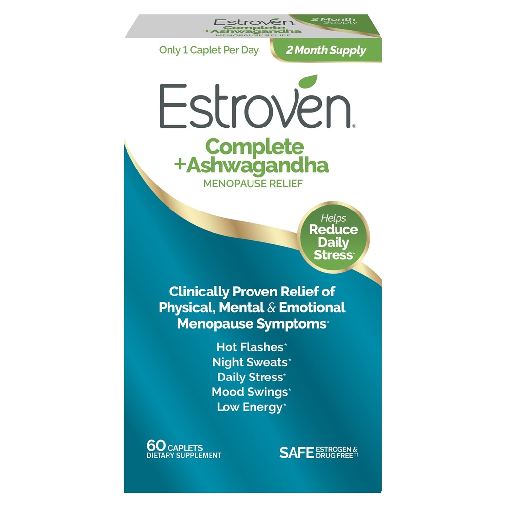 Estroven Complete + Ashwagandha Multi-Symptom Εμμηνόπαυση συμπλήρωμα για τις γυναίκες - 60 Ct. - Κλινικά Αποδεδειγμένα Συστατικά Παρέχετε Εμμηνόπαυση Ανακούφιση & Νυχτερινές Ιδρώσεις + Hot Flash Relief* - Drug-Free & Non-GMO